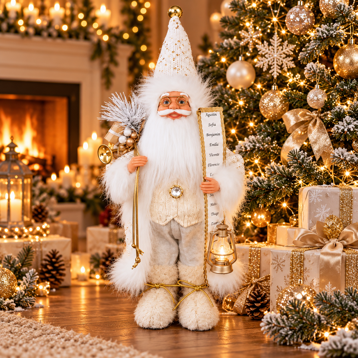 Moș Crăciun Elegant – Figurină Decorativă Premium cu Felinar și Sac de Cadouri ✨🎅