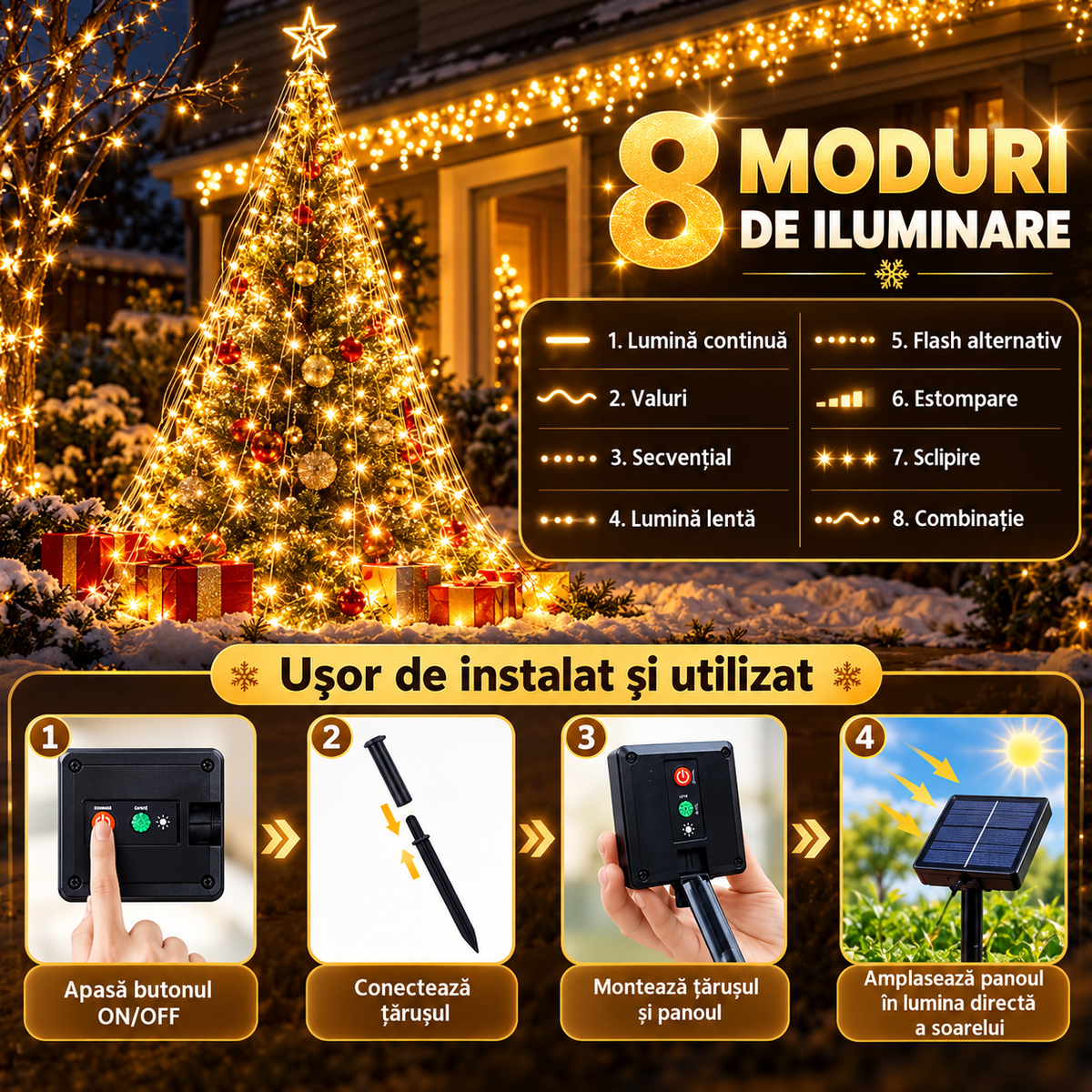Instalație LED Solară de Crăciun 32 m – 8 Moduri de Iluminare, pentru Exterior ✨