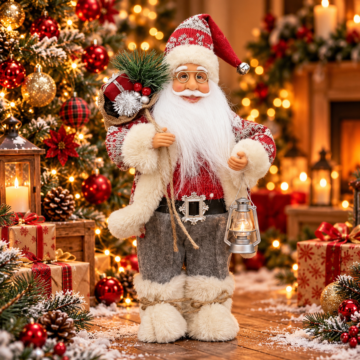 Moș Crăciun Elegant – Figurină Decorativă Premium cu Felinar și Sac de Cadouri ✨🎅