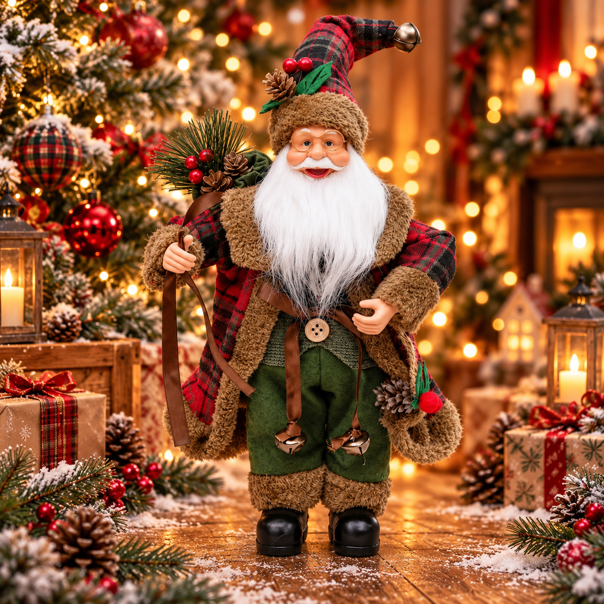 Moș Crăciun Elegant – Figurină Decorativă Premium cu Felinar și Sac de Cadouri ✨🎅