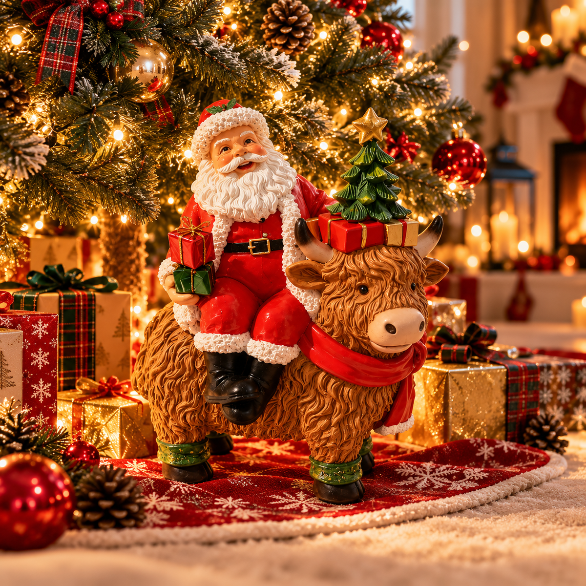 Moș Crăciun pe Văcuța Highland – Decorațiune Festivă de Crăciun
