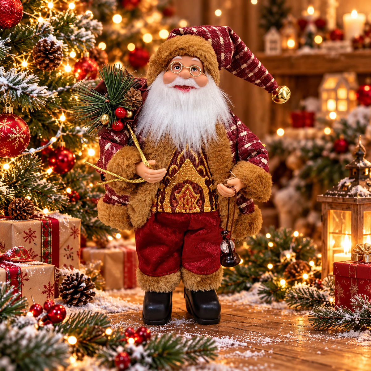 Moș Crăciun Elegant – Figurină Decorativă Premium cu Felinar și Sac de Cadouri ✨🎅