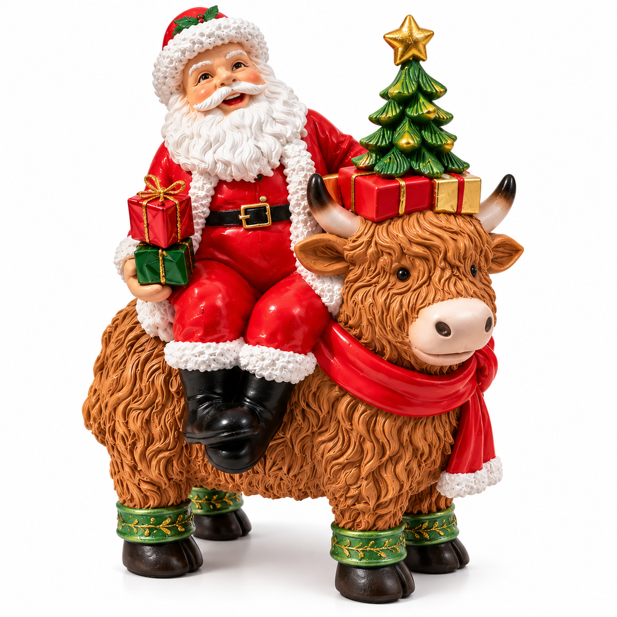 Moș Crăciun pe Văcuța Highland – Decorațiune Festivă de Crăciun