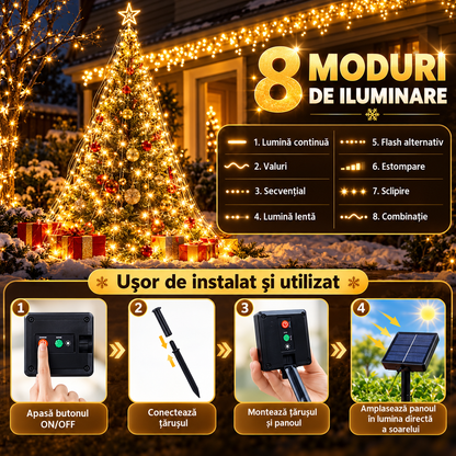 Instalație LED Solară de Crăciun 32 m – 8 Moduri de Iluminare, pentru Exterior ✨
