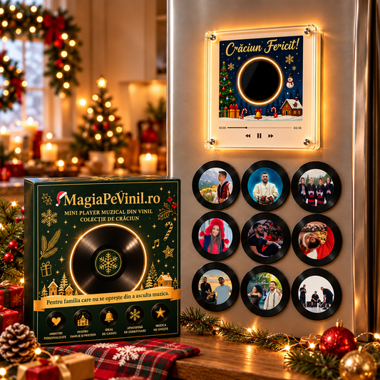 Mini Vinil magnetic de Crăciun cu 9 Discuri Muzicale