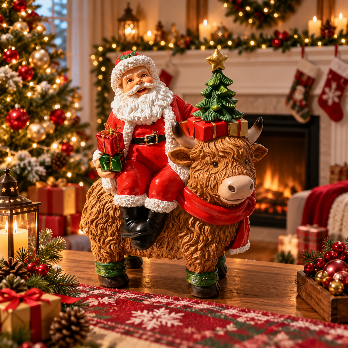 Moș Crăciun pe Văcuța Highland – Decorațiune Festivă de Crăciun