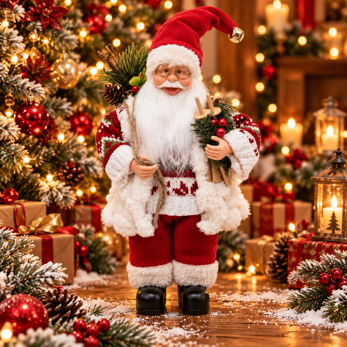 Moș Crăciun Elegant – Figurină Decorativă Premium cu Felinar și Sac de Cadouri ✨🎅