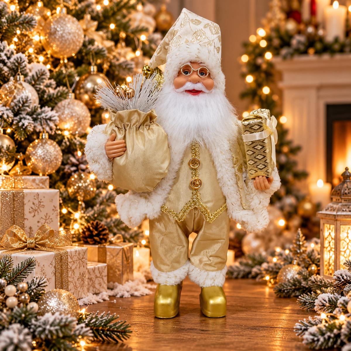 Moș Crăciun Elegant – Figurină Decorativă Premium cu Felinar și Sac de Cadouri ✨🎅