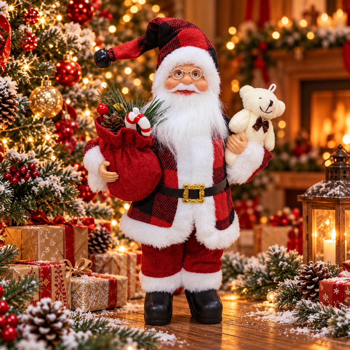 Moș Crăciun Elegant – Figurină Decorativă Premium cu Felinar și Sac de Cadouri ✨🎅